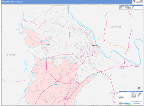 Lynchburg City County Wall Map Color Cast Style